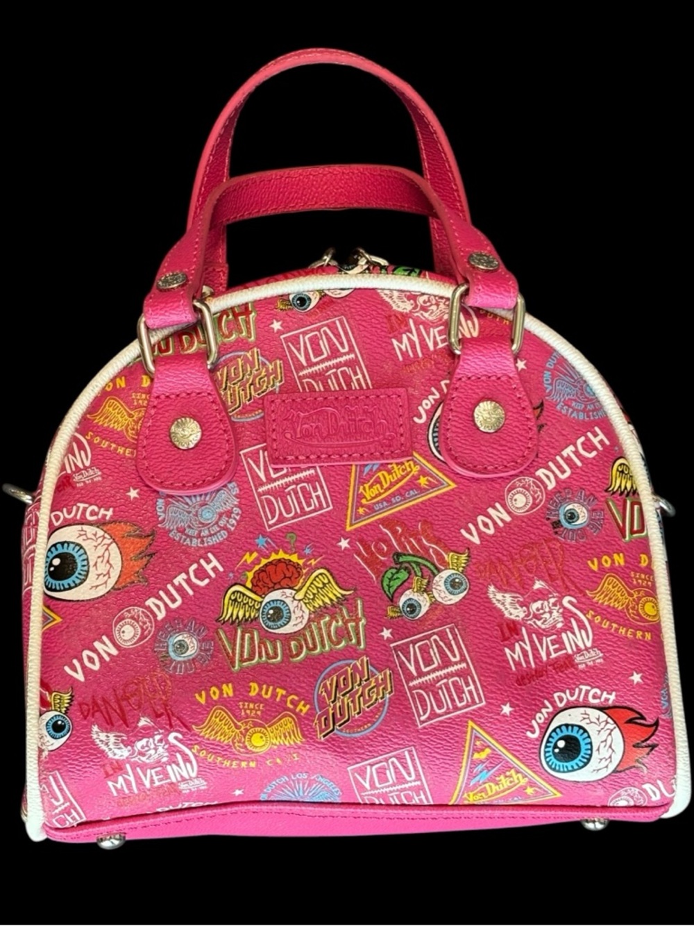 Von Dutch Hot Pink Graphic Dome Satchel Bag
